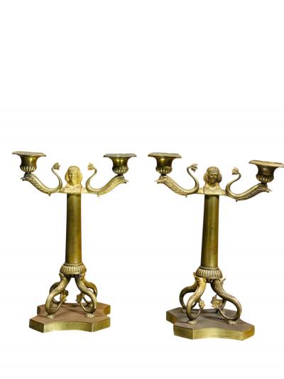 GRAND TOUR PAIR OF DORE BRONZE EGYPTIAN REVIVAL TWO CANDLE CANDELABRA