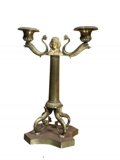 GRAND TOUR PAIR OF DORE BRONZE EGYPTIAN REVIVAL TWO CANDLE CANDELABRA