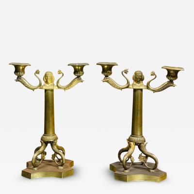 GRAND TOUR PAIR OF DORE BRONZE EGYPTIAN REVIVAL TWO CANDLE CANDELABRA