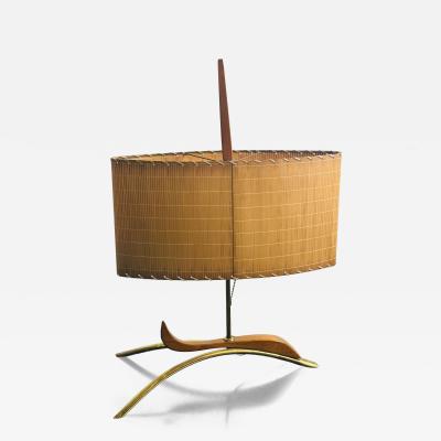 GREAT MODERNIST MID CENTURY WOOD BRASS ABSTRACT LAMP WITH ORIGINAL SHADE