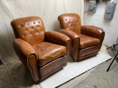 GREAT PAIR OF ART DECO LEATHER CLUB CHAIRS