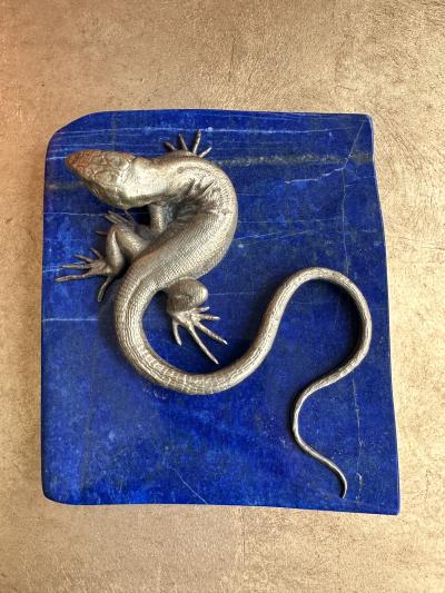 Gabriella Crespi Bronze Lizard and Lapis Lazuli Paperweight