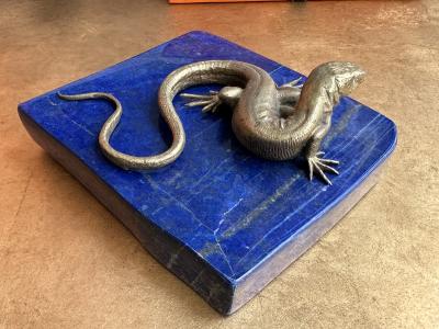 Gabriella Crespi Bronze Lizard and Lapis Lazuli Paperweight