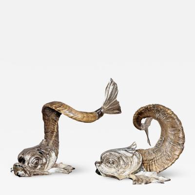 Gabriella Crespi Gabriella Crespi Coppia Di Delfini Rams Horn And Silvered Bronze Dolphins