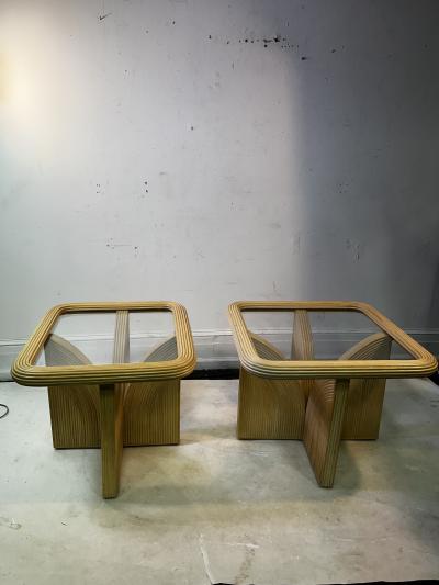 Gabriella Crespi MODERN PAIR OF PENCIL REED AND GLASS SIDE TABLES IN THE STYLE OF GABRELLA CRESPI