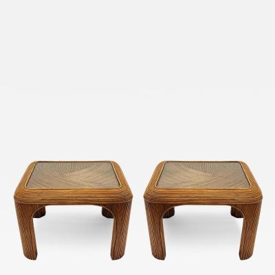 Gabriella Crespi Mid Century Modern Pencil Reed Bamboo Side Tables or End Tables with Glass Tops