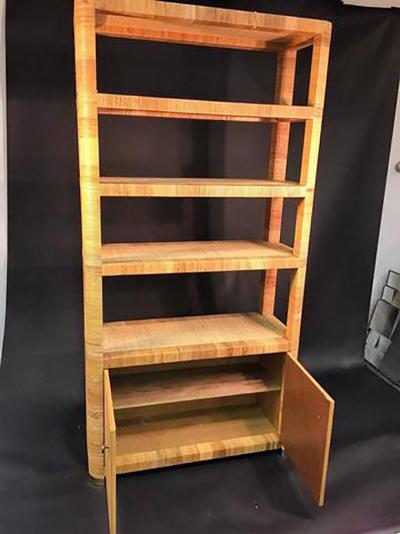 Gabriella Crespi Pair of Rattan Wicker Brass Accented Etageres in the style of Gabriella Crespi