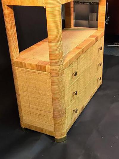 Gabriella Crespi Pair of Rattan Wicker Brass Accented Etageres in the style of Gabriella Crespi