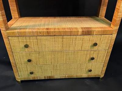 Gabriella Crespi Pair of Rattan Wicker Brass Accented Etageres in the style of Gabriella Crespi