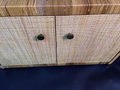 Gabriella Crespi Pair of Rattan Wicker Brass Accented Etageres in the style of Gabriella Crespi