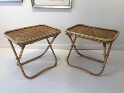 Gabriella Crespi Signed Gabriella Crespi Rattan Collapsible Tray Tables Pair