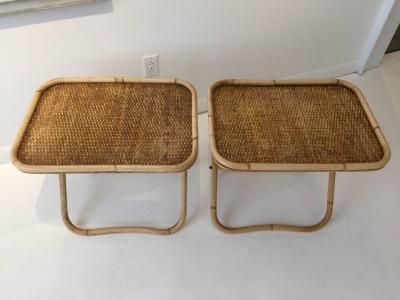 Gabriella Crespi Signed Gabriella Crespi Rattan Collapsible Tray Tables Pair
