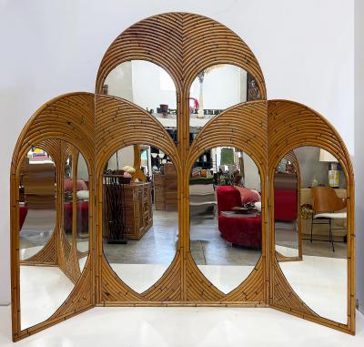 Gabriella Crespi Vintage Crespi Style Rattan and Mirror Folding Arch Screen 3 Panels