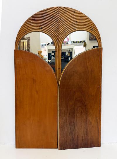 Gabriella Crespi Vintage Crespi Style Rattan and Mirror Folding Arch Screen 3 Panels