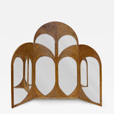Gabriella Crespi Vintage Crespi Style Rattan and Mirror Folding Arch Screen 3 Panels