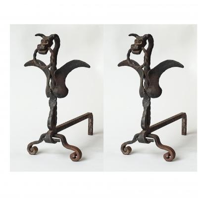 Gaetano Borsani Italian Wrought Iron Dragon Andirons 1920s