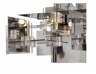 Gaetano Sciolari Gaetano Sciolari Geometric Chrome Panel and Lucite Cube Chandelier