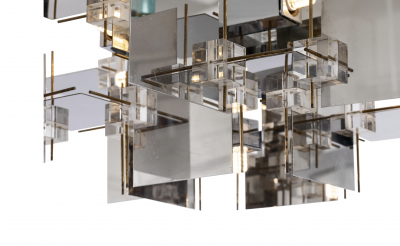 Gaetano Sciolari Gaetano Sciolari Geometric Chrome Panel and Lucite Cube Chandelier