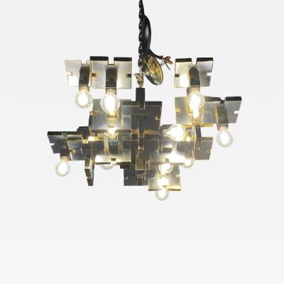 Gaetano Sciolari Gaetano Sciolari Italian Industrial Brass and Brushed Chrome Chandelier