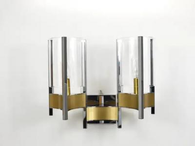 Gaetano Sciolari Gaetano Sciolari Pair Large Wall Lights Sconces Chrome Brass Glass 1970s