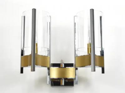 Gaetano Sciolari Gaetano Sciolari Pair Large Wall Lights Sconces Chrome Brass Glass 1970s