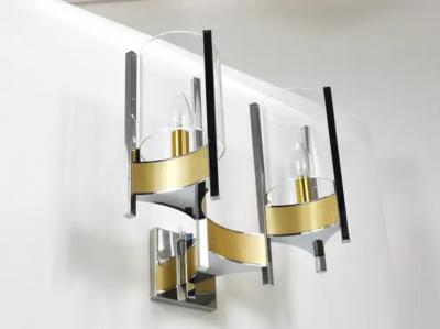 Gaetano Sciolari Gaetano Sciolari Pair Large Wall Lights Sconces Chrome Brass Glass 1970s