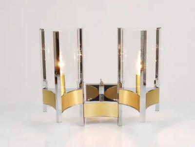 Gaetano Sciolari Gaetano Sciolari Pair Large Wall Lights Sconces Chrome Brass Glass 1970s