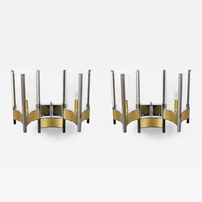 Gaetano Sciolari Gaetano Sciolari Pair Large Wall Lights Sconces Chrome Brass Glass 1970s