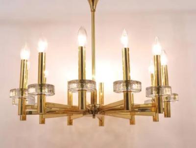 Gaetano Sciolari Gaetano Sciolari Style Brass Glass Discs Chandelier Mid Century Italy 1970s