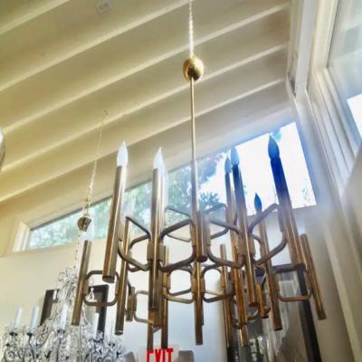Gaetano Sciolari Large Italian Brass Cubist Chandelier by Gaetano Sciolari