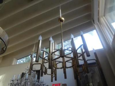 Gaetano Sciolari Large Italian Brass Cubist Chandelier by Gaetano Sciolari