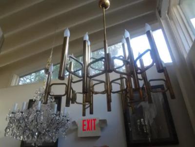 Gaetano Sciolari Large Italian Brass Cubist Chandelier by Gaetano Sciolari
