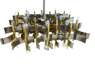 Gaetano Sciolari Large Mid Century Modern Italian Chrome Brass Chandelier by Gaetano Sciolari