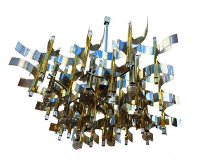 Gaetano Sciolari Large Mid Century Modern Italian Chrome Brass Chandelier by Gaetano Sciolari