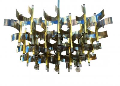Gaetano Sciolari Large Mid Century Modern Italian Chrome Brass Chandelier by Gaetano Sciolari