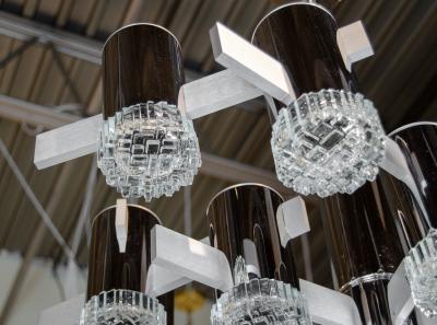 Gaetano Sciolari Massive Geometric Chrome and Brushed Aluminum Chandelier