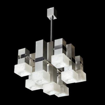 Gaetano Sciolari Mid Century Modern 8 Arm Chrome Mottled Murano Glass Chandelier by Sciolari
