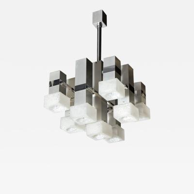Gaetano Sciolari Mid Century Modern 8 Arm Chrome Mottled Murano Glass Chandelier by Sciolari