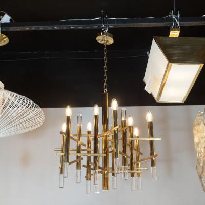Gaetano Sciolari Mid Century Modern Rectilinear Polished Brass and Lucite Chandelier by Sciolari