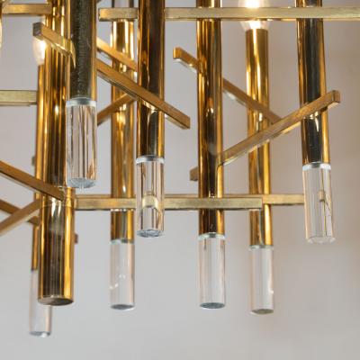 Gaetano Sciolari Mid Century Modern Rectilinear Polished Brass and Lucite Chandelier by Sciolari