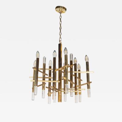 Gaetano Sciolari Mid Century Modern Rectilinear Polished Brass and Lucite Chandelier by Sciolari