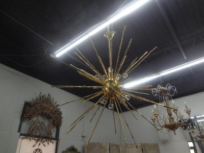 Gaetano Sciolari Monumental Pair of Italian Modern Hammered Brass Sputnik Chandeliers