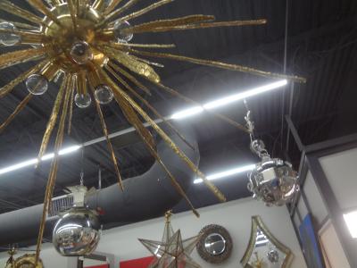 Gaetano Sciolari Monumental Pair of Italian Modern Hammered Brass Sputnik Chandeliers