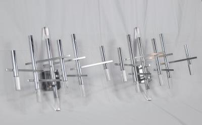 Gaetano Sciolari Multi Armed Geometric Chromed and Lucite Sconces