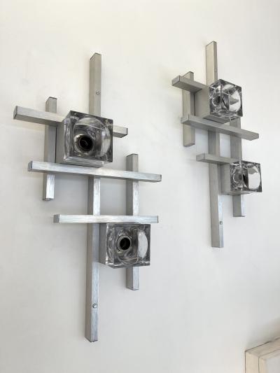 Gaetano Sciolari Pair of Cubic Sconces Metal Murano Glass by Sciolari Italy 1970s