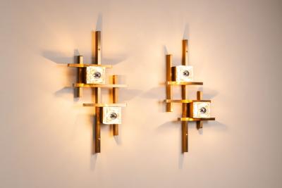 Gaetano Sciolari Set of Two Wall Appliques by Gaetano Sciolari in Brass and Glass Italy 1970s