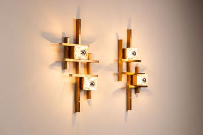 Gaetano Sciolari Set of Two Wall Appliques by Gaetano Sciolari in Brass and Glass Italy 1970s