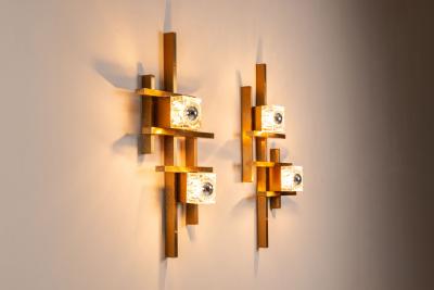 Gaetano Sciolari Set of Two Wall Appliques by Gaetano Sciolari in Brass and Glass Italy 1970s