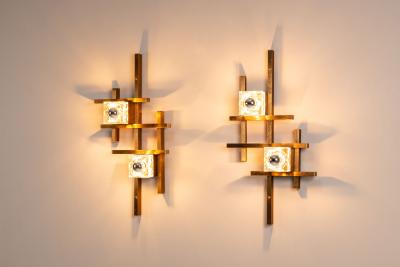 Gaetano Sciolari Set of Two Wall Appliques by Gaetano Sciolari in Brass and Glass Italy 1970s
