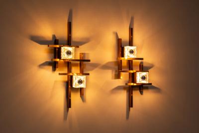 Gaetano Sciolari Set of Two Wall Appliques by Gaetano Sciolari in Brass and Glass Italy 1970s